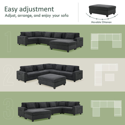 U Shaped Sectional Sofa,Chenille Couch Set With Ottoman,Hidden Armrest Storage And Cup Holders,Usb Charging Ports