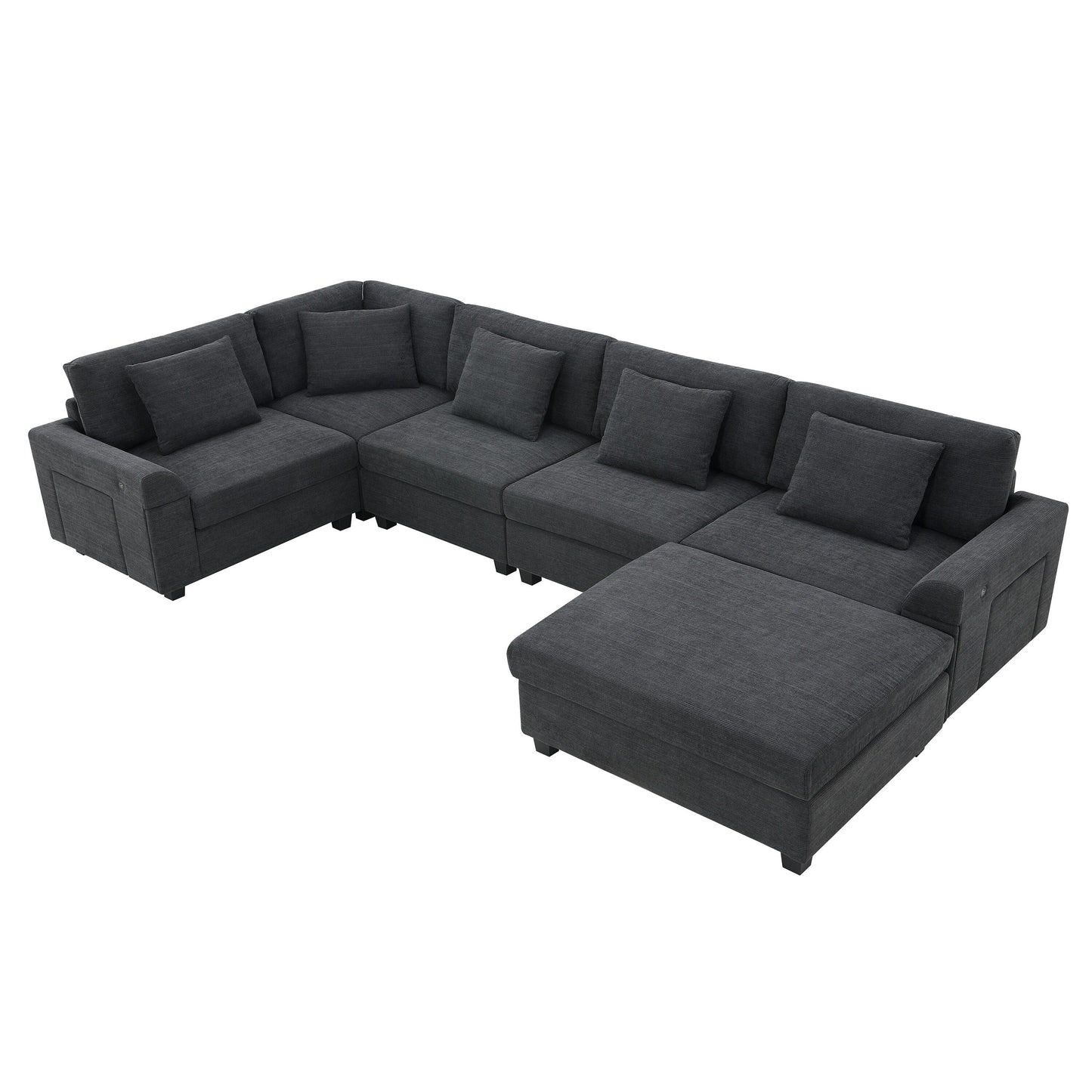 U Shaped Sectional Sofa,Chenille Couch Set With Ottoman,Hidden Armrest Storage And Cup Holders,Usb Charging Ports