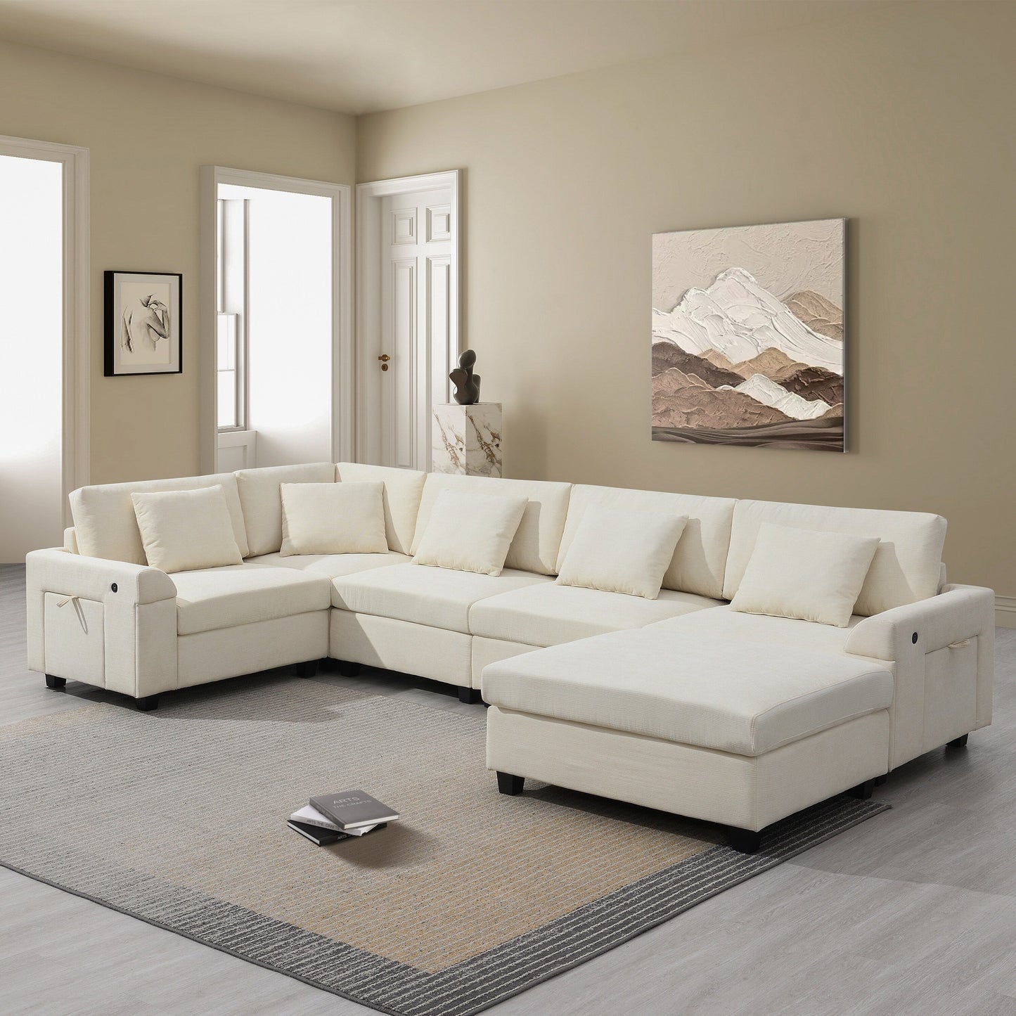 U Shaped Sectional Sofa,Chenille Couch Set With Ottoman,Hidden Armrest Storage And Cup Holders,Usb Charging Ports