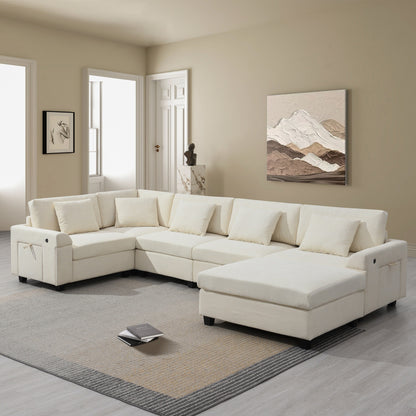 U Shaped Sectional Sofa,Chenille Couch Set With Ottoman,Hidden Armrest Storage And Cup Holders,Usb Charging Ports