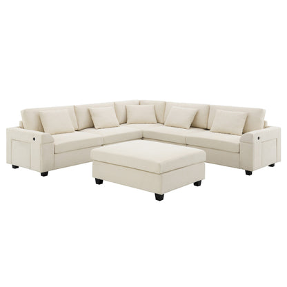 U Shaped Sectional Sofa,Chenille Couch Set With Ottoman,Hidden Armrest Storage And Cup Holders,Usb Charging Ports