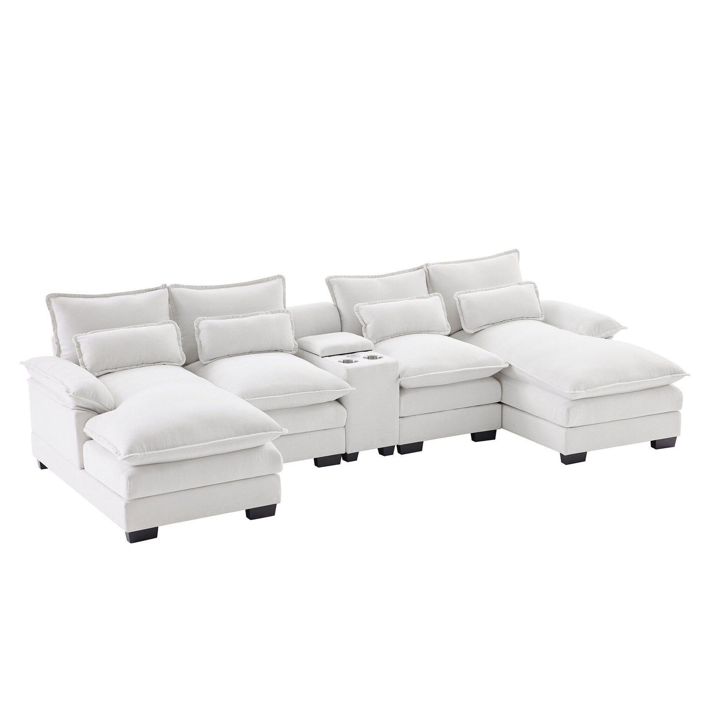 U-Shaped Sofa With Console,Cupholders And Usb Ports,Upholstered Symmetrical Indoor Furniture,Sleeper Couch Set With Chaise