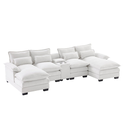 U-Shaped Sofa With Console,Cupholders And Usb Ports,Upholstered Symmetrical Indoor Furniture,Sleeper Couch Set With Chaise