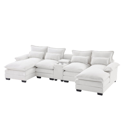 U-Shaped Sofa With Console,Cupholders And Usb Ports,Upholstered Symmetrical Indoor Furniture,Sleeper Couch Set With Chaise