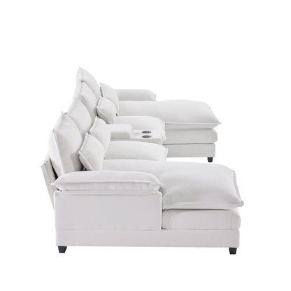 U-Shaped Sofa With Console,Cupholders And Usb Ports,Upholstered Symmetrical Indoor Furniture,Sleeper Couch Set With Chaise