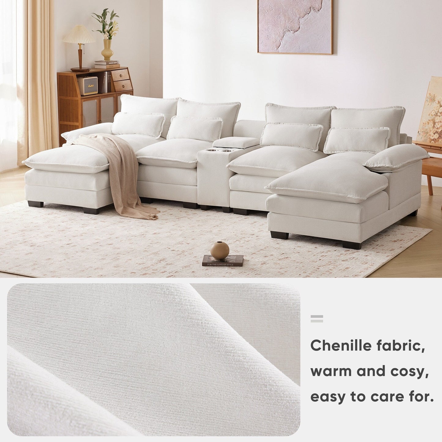 U-Shaped Sofa With Console,Cupholders And Usb Ports,Upholstered Symmetrical Indoor Furniture,Sleeper Couch Set With Chaise