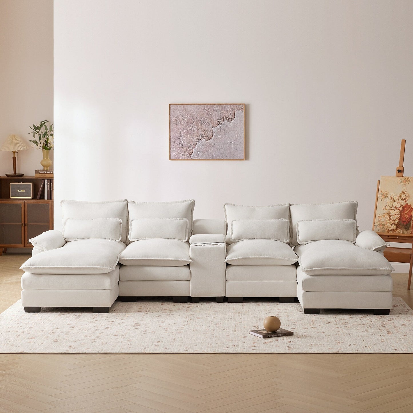 U-Shaped Sofa With Console,Cupholders And Usb Ports,Upholstered Symmetrical Indoor Furniture,Sleeper Couch Set With Chaise