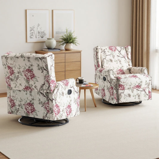 UIXE 2 Set Roderich Farmhouse Floral Print Swivel Rocker Push Back Recliner