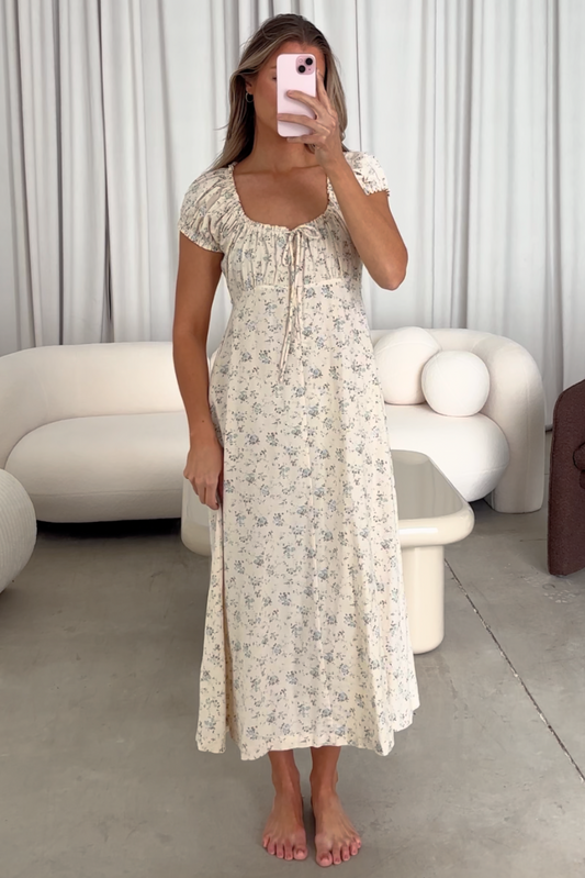 Marley 100% Cotton Midi Dress in Ivory/Blue Floral -Bump Friendly