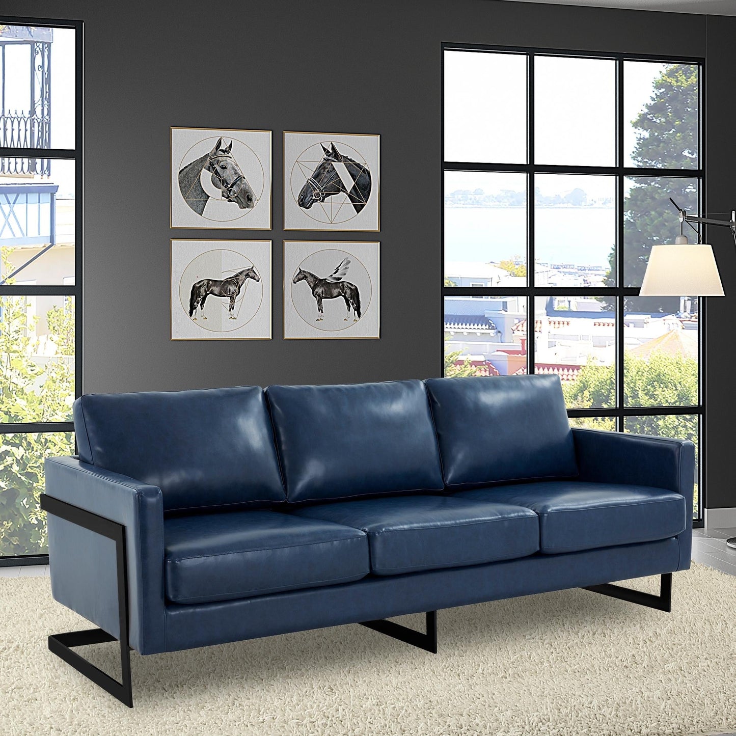 3-Seater Sofa Minimalist Upholstered Leather Couch w Removable Cushions in Stainless Steel for Living Room Bedroom