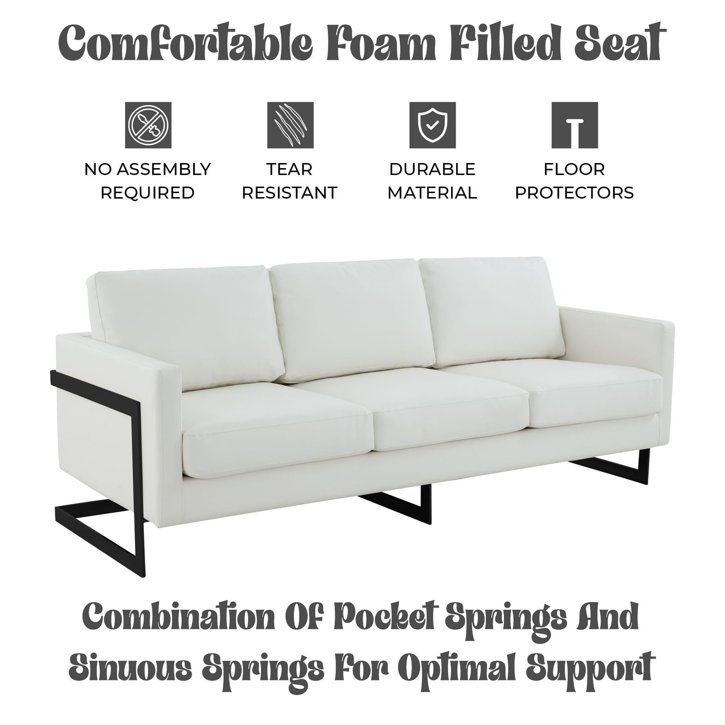 3-Seater Sofa Minimalist Upholstered Leather Couch w Removable Cushions in Stainless Steel for Living Room Bedroom