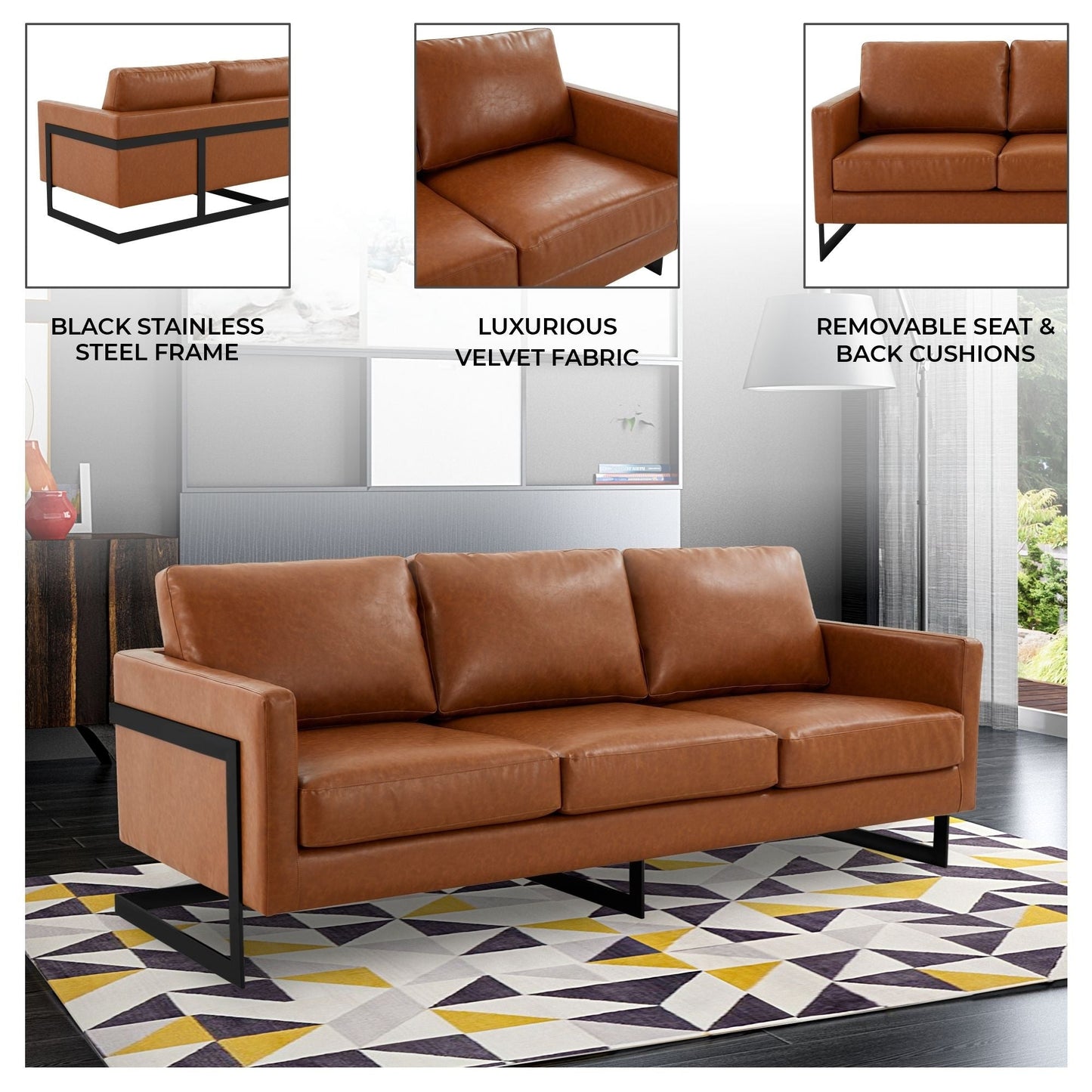 3-Seater Sofa Minimalist Upholstered Leather Couch w Removable Cushions in Stainless Steel for Living Room Bedroom