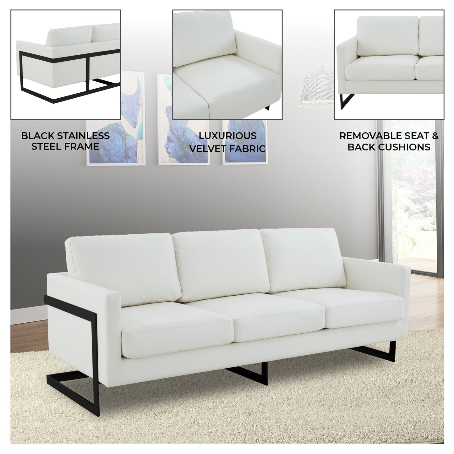 3-Seater Sofa Minimalist Upholstered Leather Couch w Removable Cushions in Stainless Steel for Living Room Bedroom