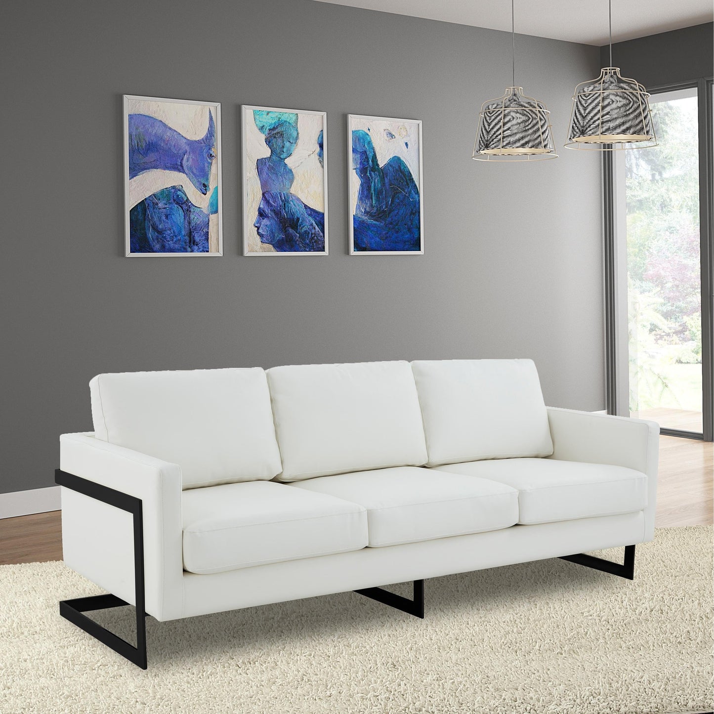 3-Seater Sofa Minimalist Upholstered Leather Couch w Removable Cushions in Stainless Steel for Living Room Bedroom