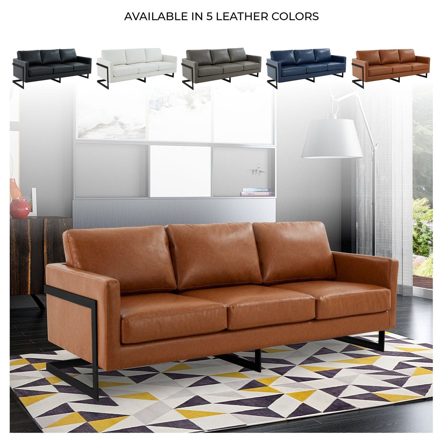 3-Seater Sofa Minimalist Upholstered Leather Couch w Removable Cushions in Stainless Steel for Living Room Bedroom