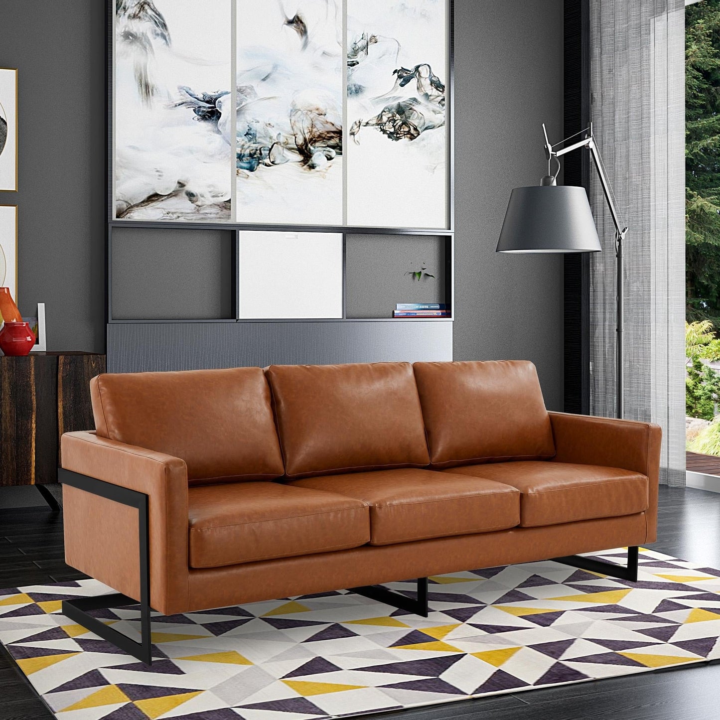 3-Seater Sofa Minimalist Upholstered Leather Couch w Removable Cushions in Stainless Steel for Living Room Bedroom