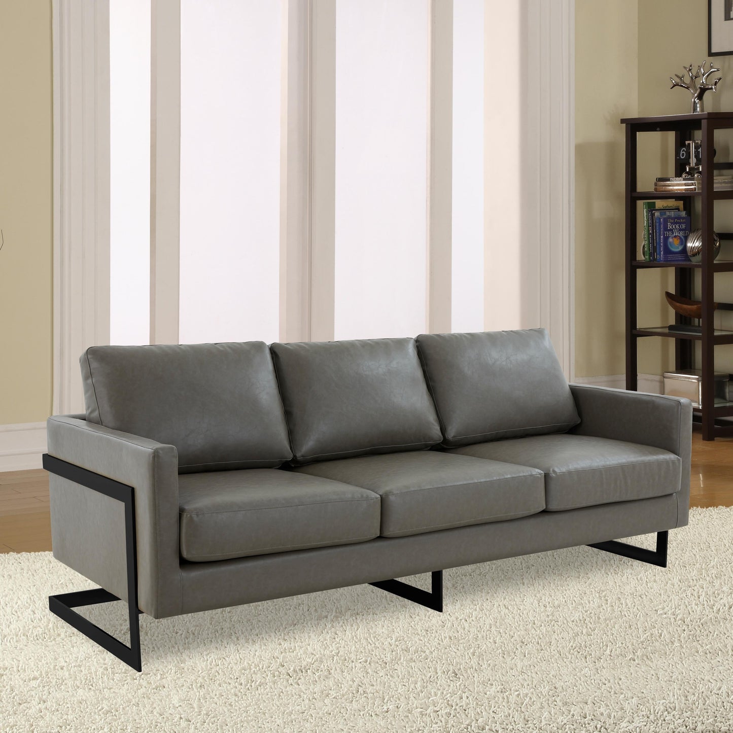 3-Seater Sofa Minimalist Upholstered Leather Couch w Removable Cushions in Stainless Steel for Living Room Bedroom