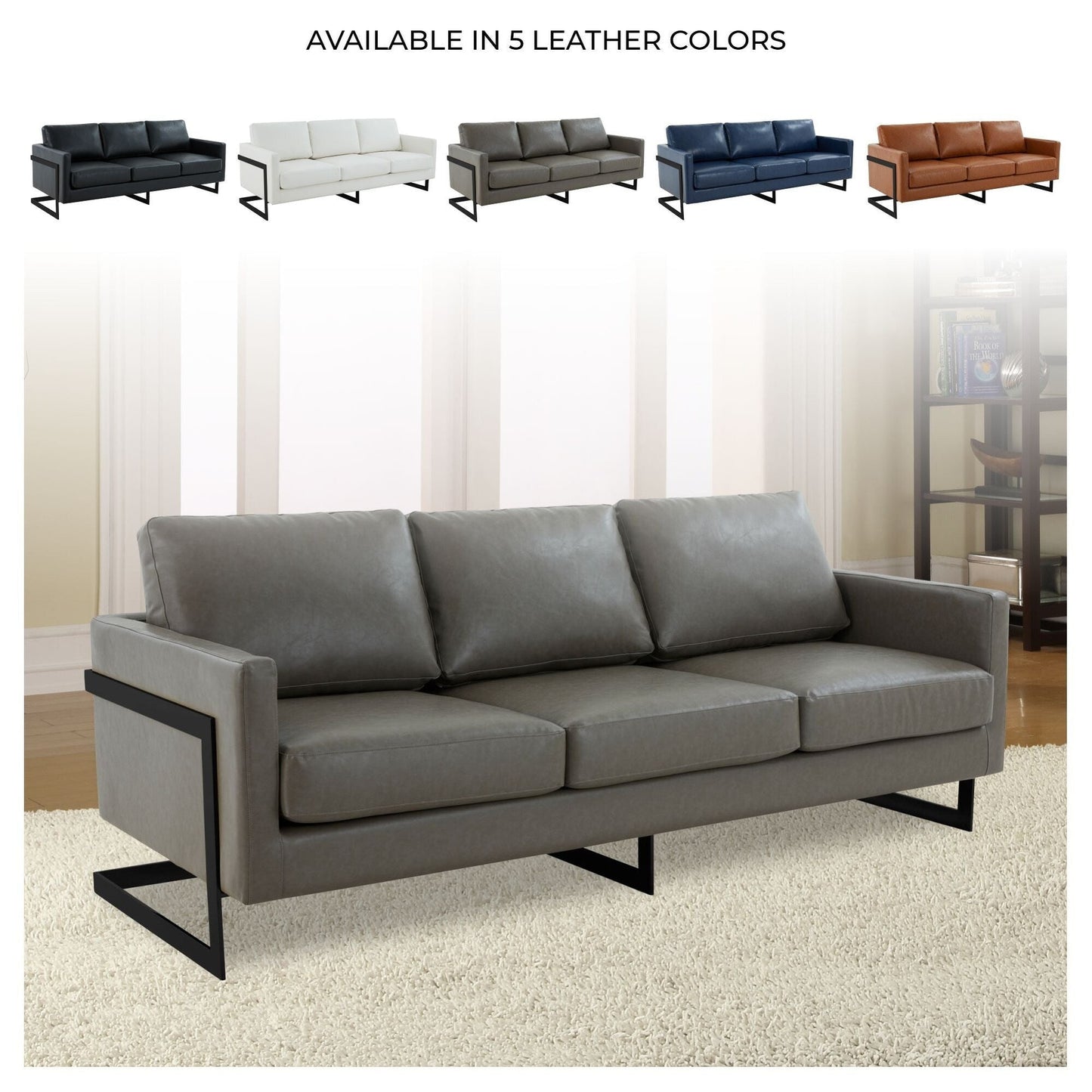 3-Seater Sofa Minimalist Upholstered Leather Couch w Removable Cushions in Stainless Steel for Living Room Bedroom