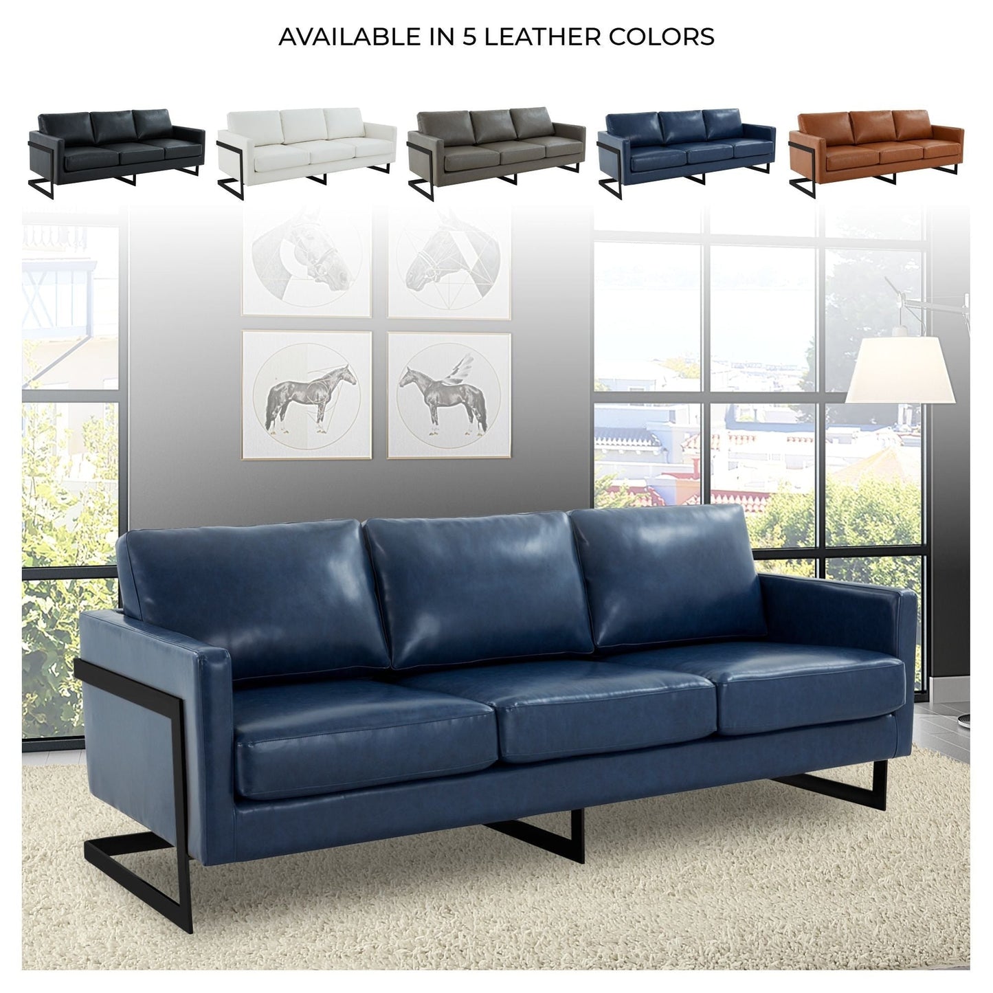 3-Seater Sofa Minimalist Upholstered Leather Couch w Removable Cushions in Stainless Steel for Living Room Bedroom
