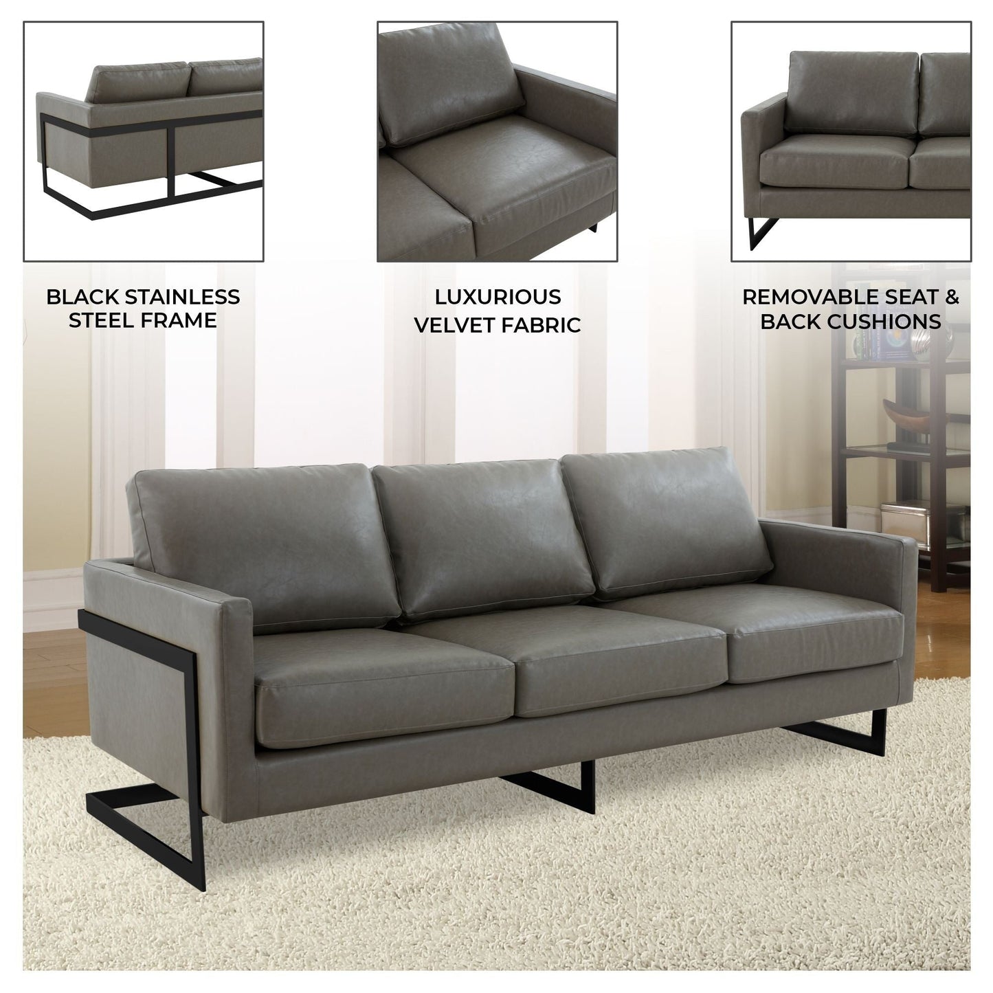 3-Seater Sofa Minimalist Upholstered Leather Couch w Removable Cushions in Stainless Steel for Living Room Bedroom