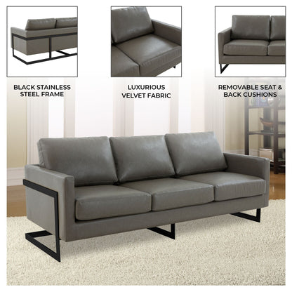 3-Seater Sofa Minimalist Upholstered Leather Couch w Removable Cushions in Stainless Steel for Living Room Bedroom