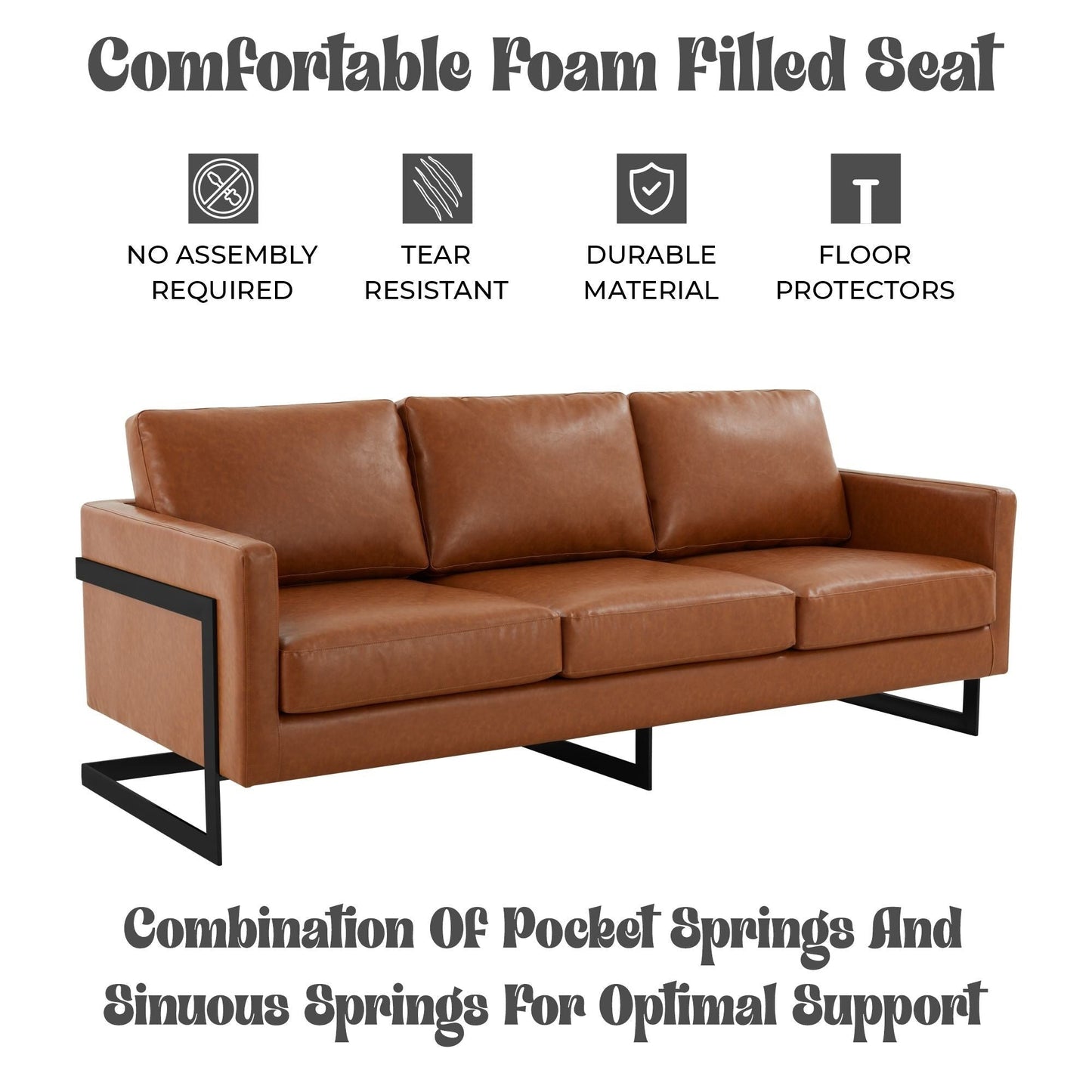 3-Seater Sofa Minimalist Upholstered Leather Couch w Removable Cushions in Stainless Steel for Living Room Bedroom