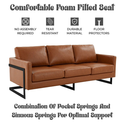 3-Seater Sofa Minimalist Upholstered Leather Couch w Removable Cushions in Stainless Steel for Living Room Bedroom