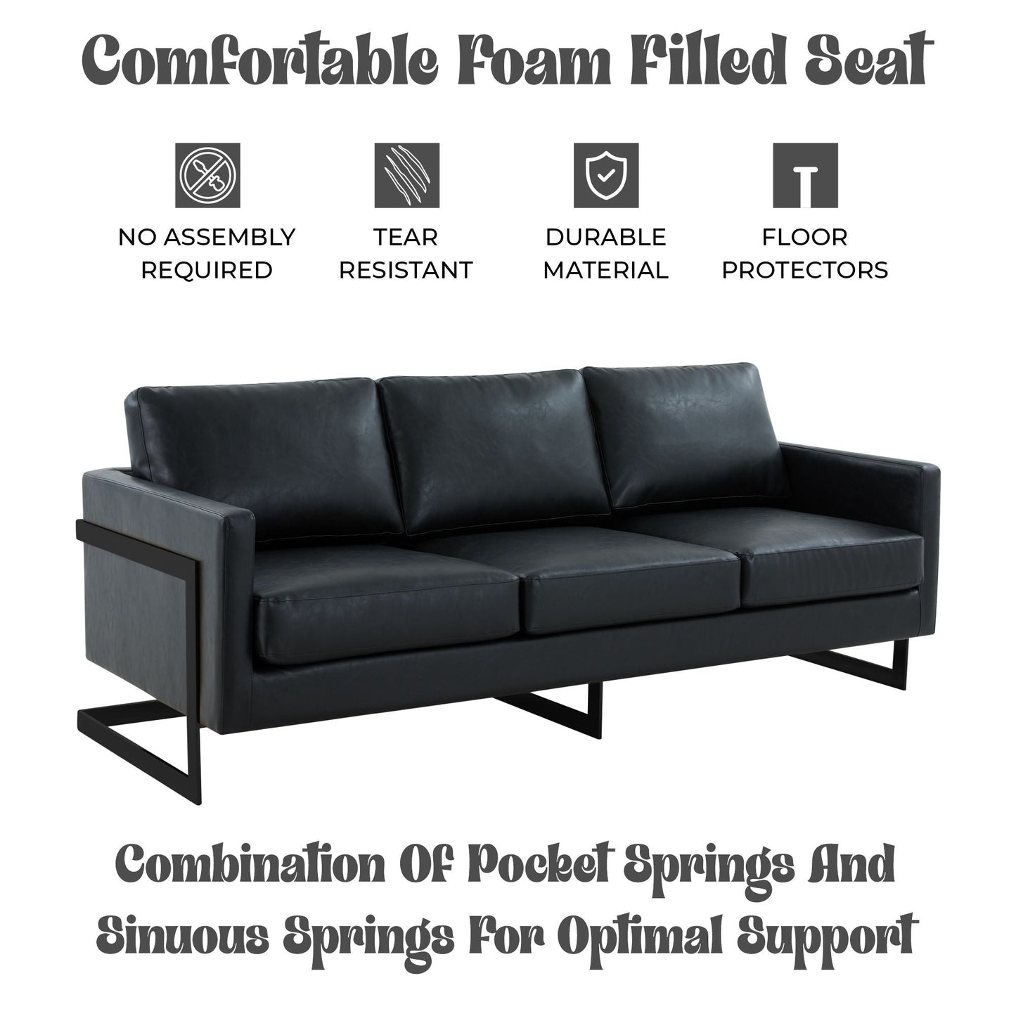 3-Seater Sofa Minimalist Upholstered Leather Couch w Removable Cushions in Stainless Steel for Living Room Bedroom