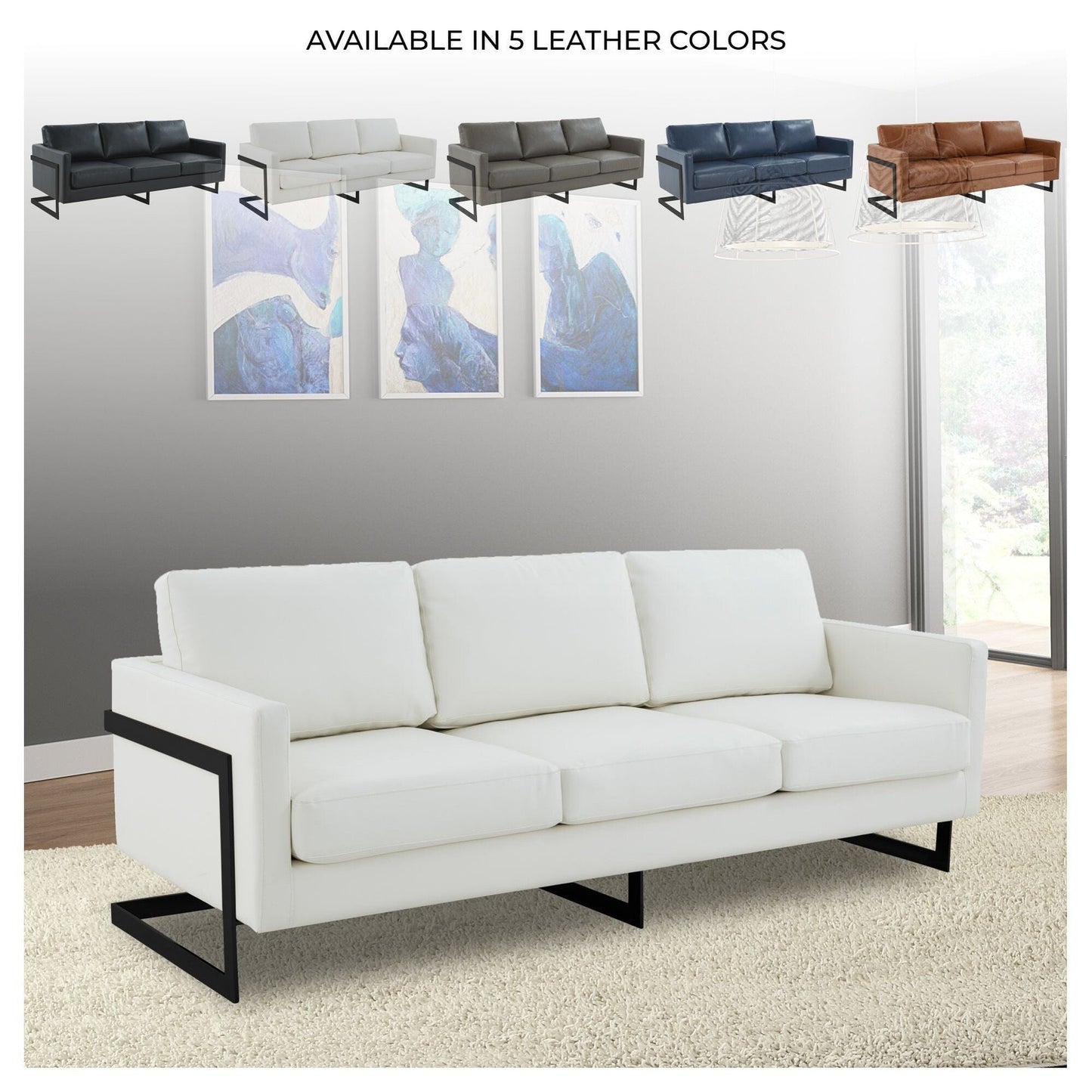 3-Seater Sofa Minimalist Upholstered Leather Couch w Removable Cushions in Stainless Steel for Living Room Bedroom