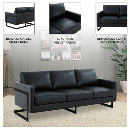 3-Seater Sofa Minimalist Upholstered Leather Couch w Removable Cushions in Stainless Steel for Living Room Bedroom