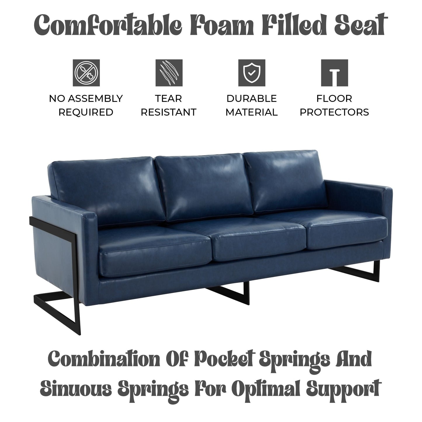 3-Seater Sofa Minimalist Upholstered Leather Couch w Removable Cushions in Stainless Steel for Living Room Bedroom