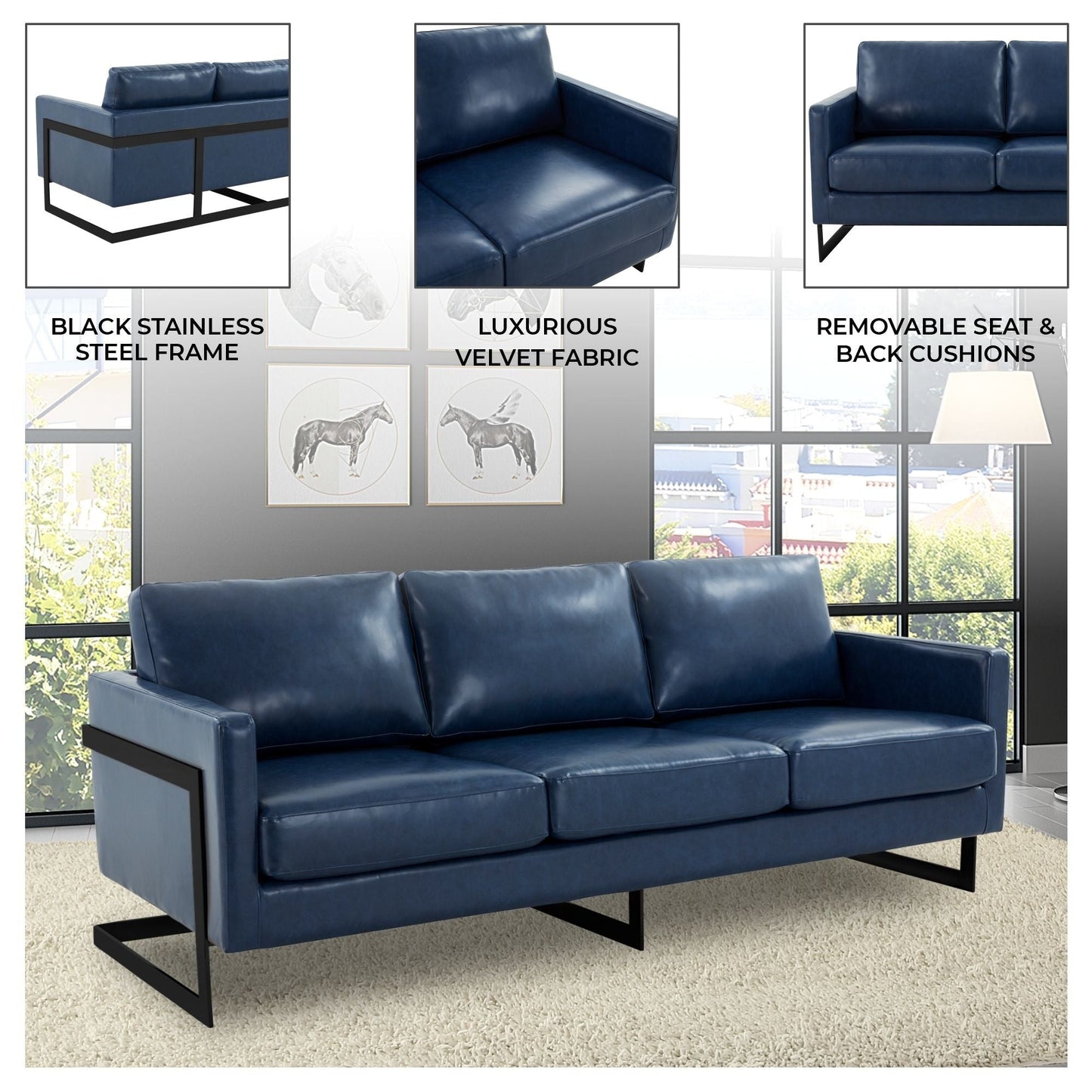 3-Seater Sofa Minimalist Upholstered Leather Couch w Removable Cushions in Stainless Steel for Living Room Bedroom