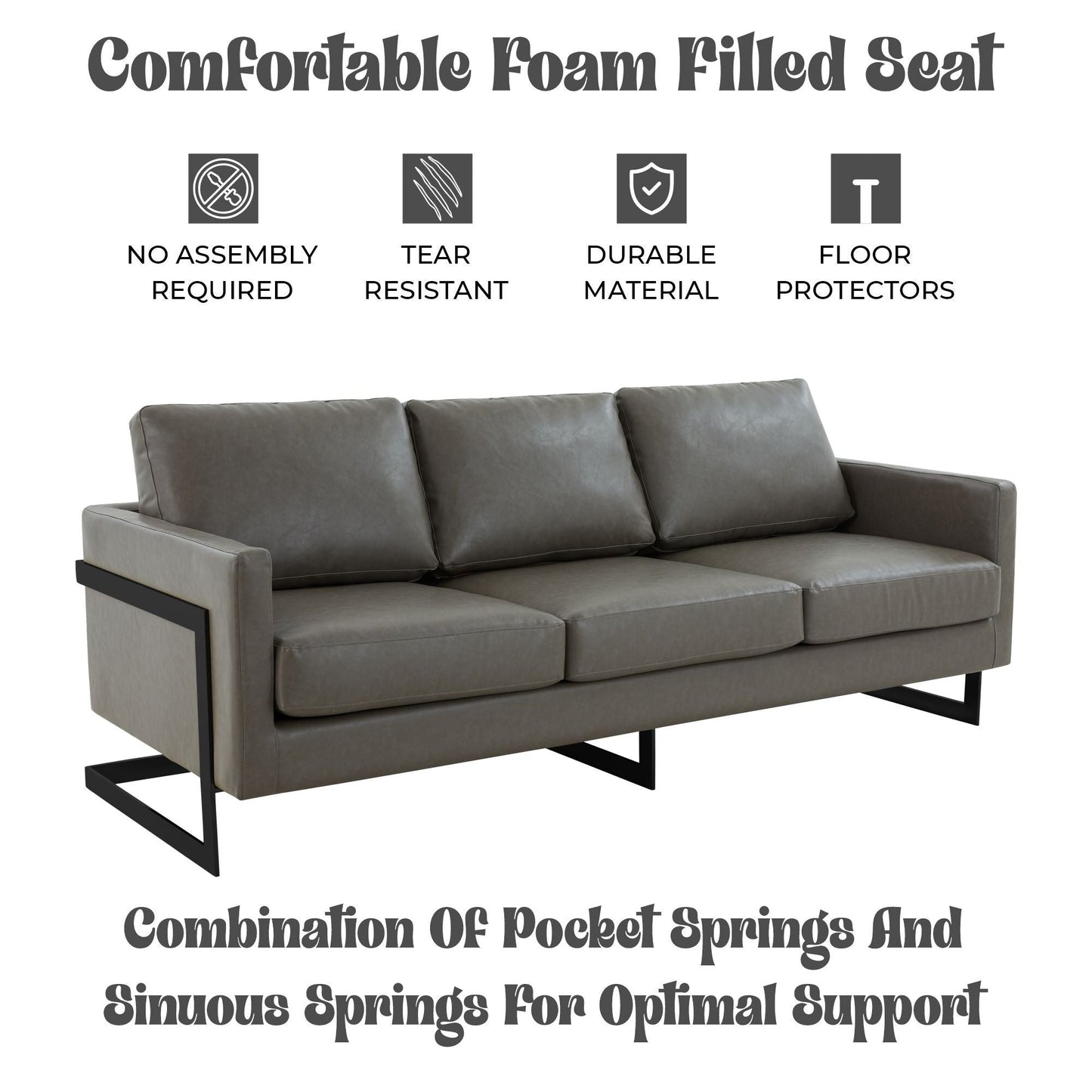 3-Seater Sofa Minimalist Upholstered Leather Couch w Removable Cushions in Stainless Steel for Living Room Bedroom