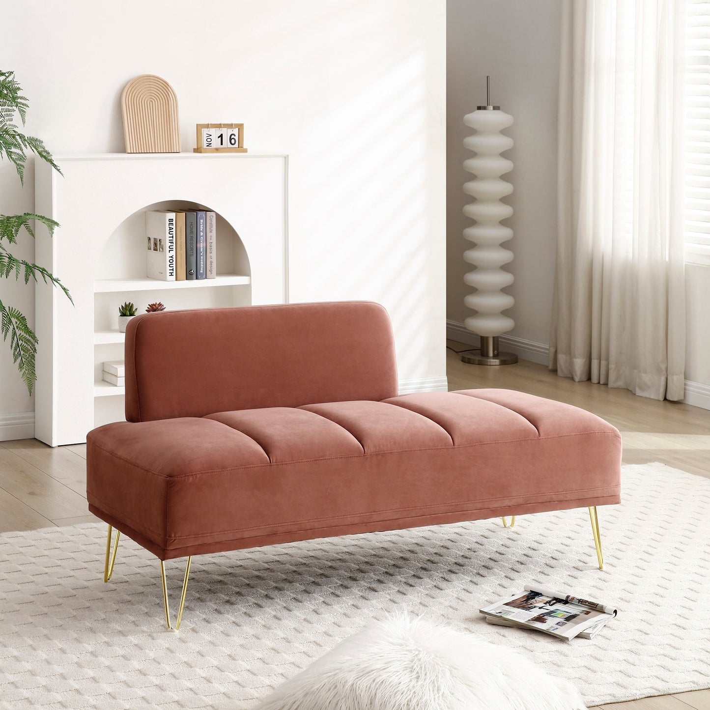 Upholstered Loveseat Bench with Gold Legs