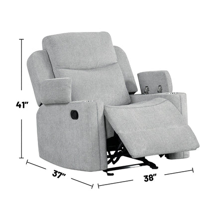 Upholstered Manual Motion Glider Recliner with 2 Cup Holders in Light Gray