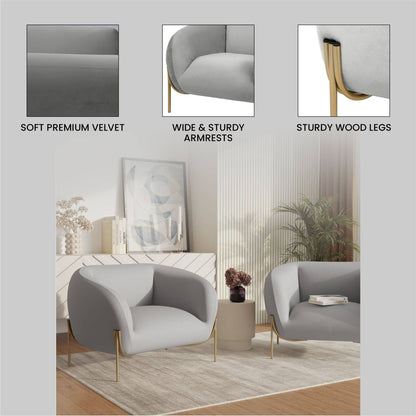 LeisureMod Zuno Upholstered Velvet Single Seater Sofa - Comfortable Accent Arm Chair for Home Office Living Room & Bedroom