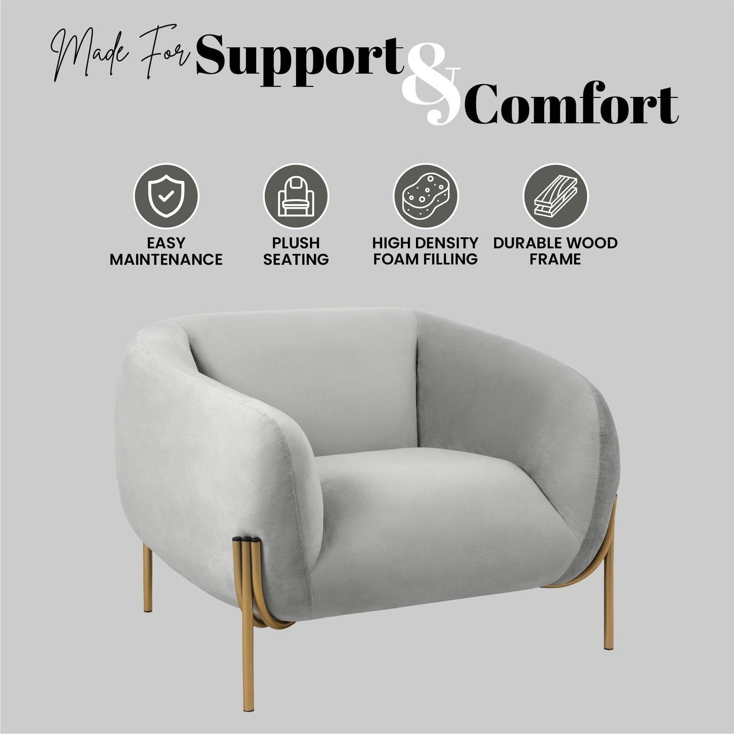 LeisureMod Zuno Upholstered Velvet Single Seater Sofa - Comfortable Accent Arm Chair for Home Office Living Room & Bedroom
