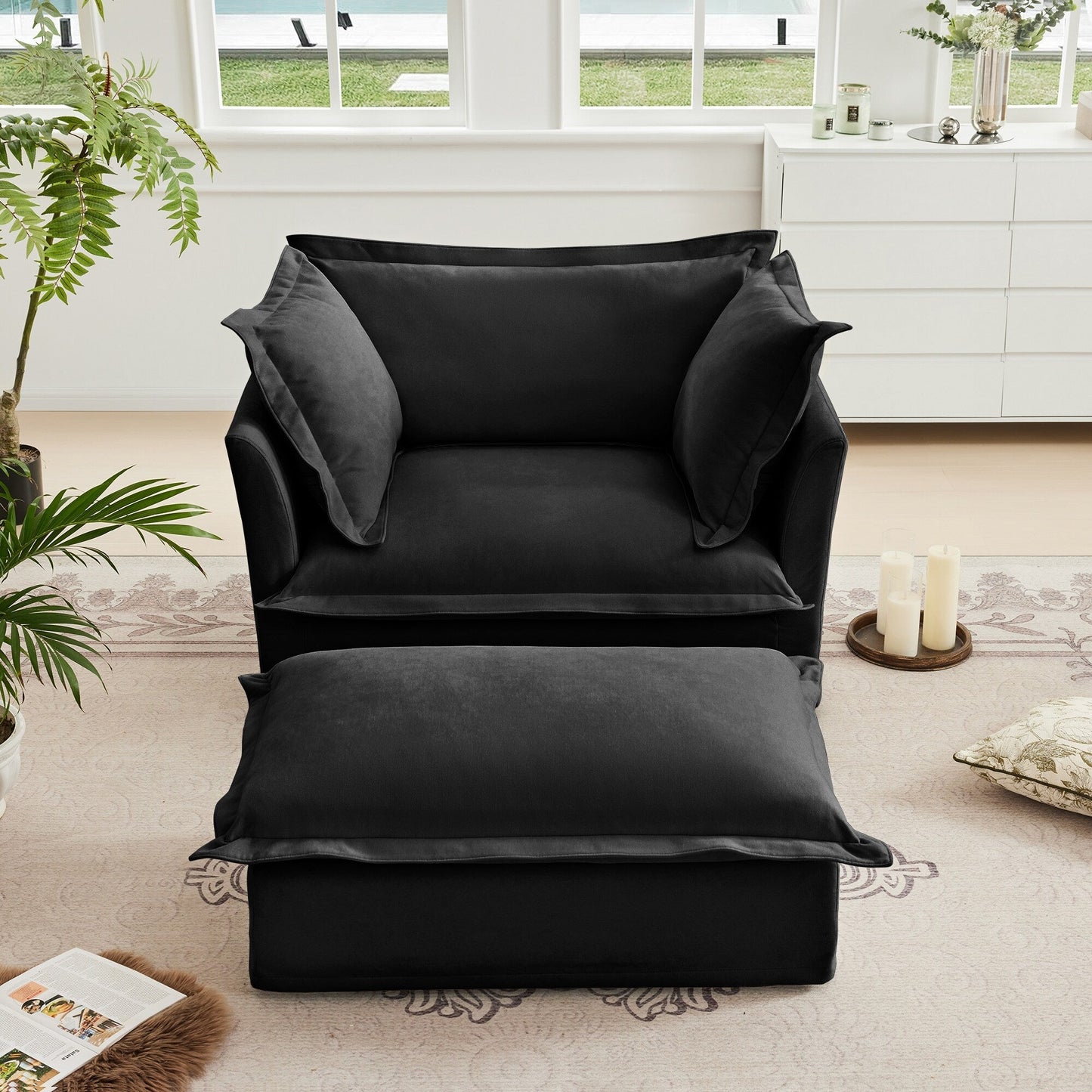 Upholstered Slipcovered Armchair with Ottoman, Deep Seat Armchair W/ Wide Ottoman for Living Room