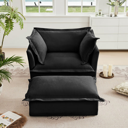 Upholstered Slipcovered Armchair with Ottoman, Deep Seat Armchair W/ Wide Ottoman for Living Room
