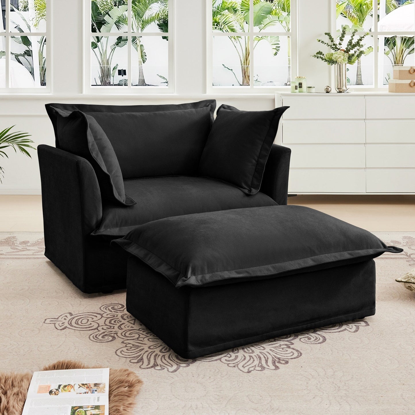 Upholstered Slipcovered Armchair with Ottoman, Deep Seat Armchair W/ Wide Ottoman for Living Room