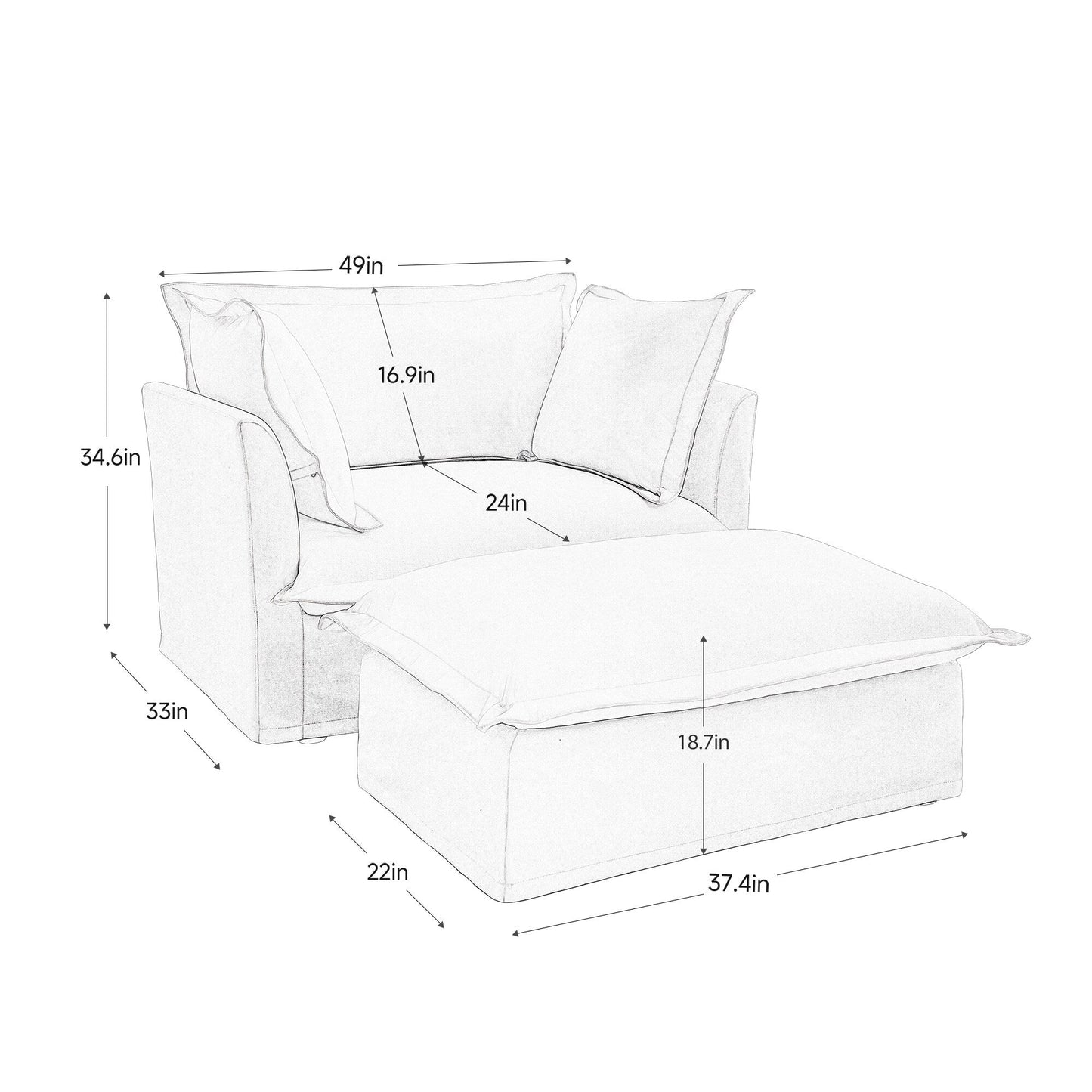 Upholstered Slipcovered Armchair with Ottoman, Deep Seat Armchair W/ Wide Ottoman for Living Room