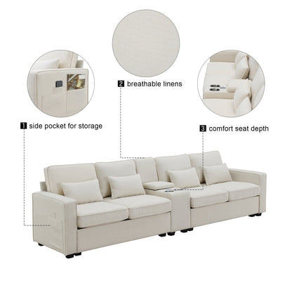 Upholstered Sofa With Console, 2 Cupholders And 2 Usb Ports Wired Or Wirelessly Charged, Linen Fabric Couches With 4 Pillows