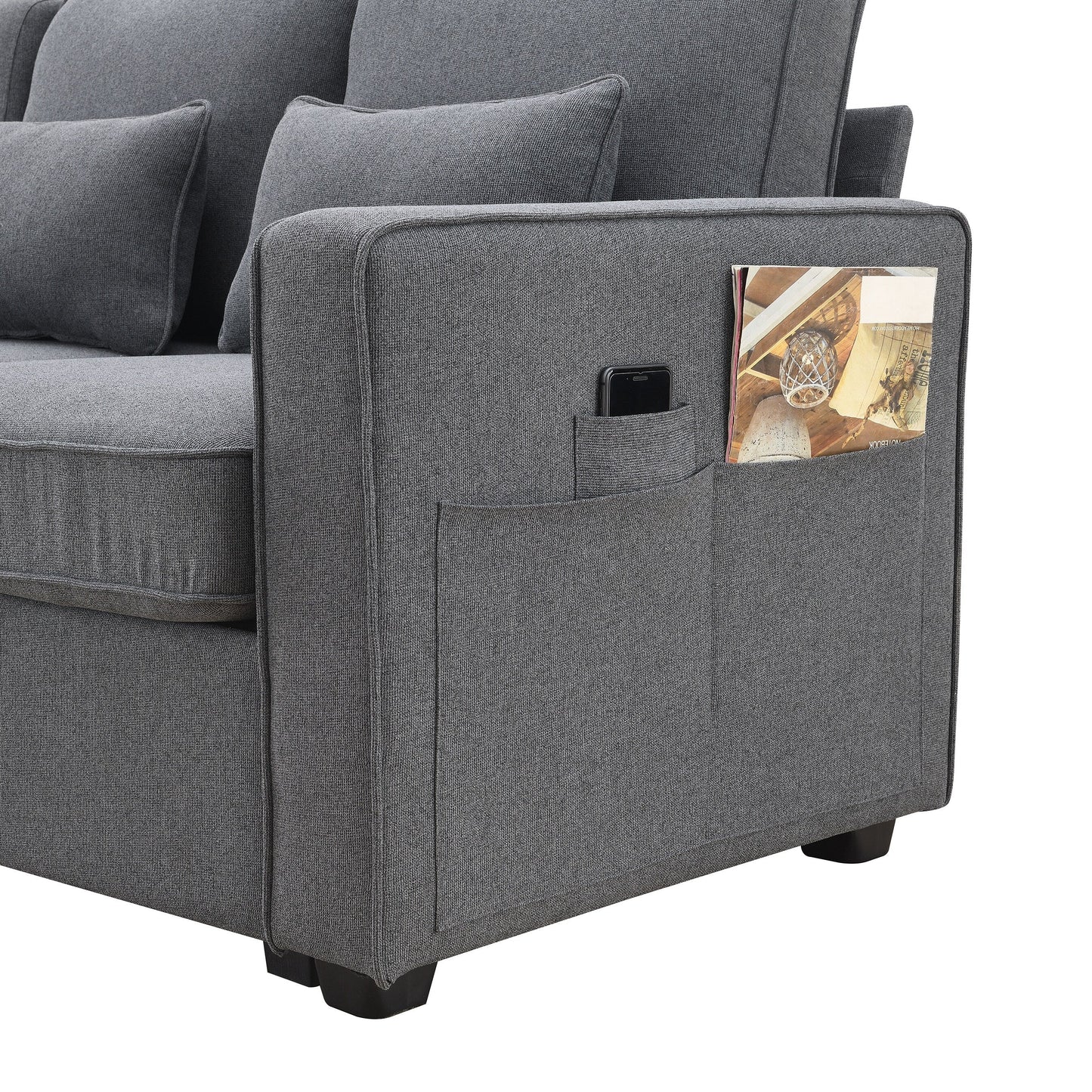 Upholstered Sofa With Console, 2 Cupholders And 2 Usb Ports Wired Or Wirelessly Charged, Linen Fabric Couches With 4 Pillows
