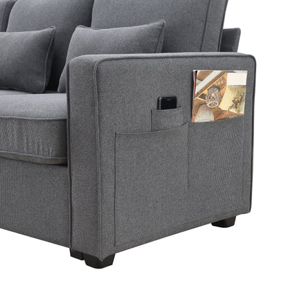 Upholstered Sofa With Console, 2 Cupholders And 2 Usb Ports Wired Or Wirelessly Charged, Linen Fabric Couches With 4 Pillows