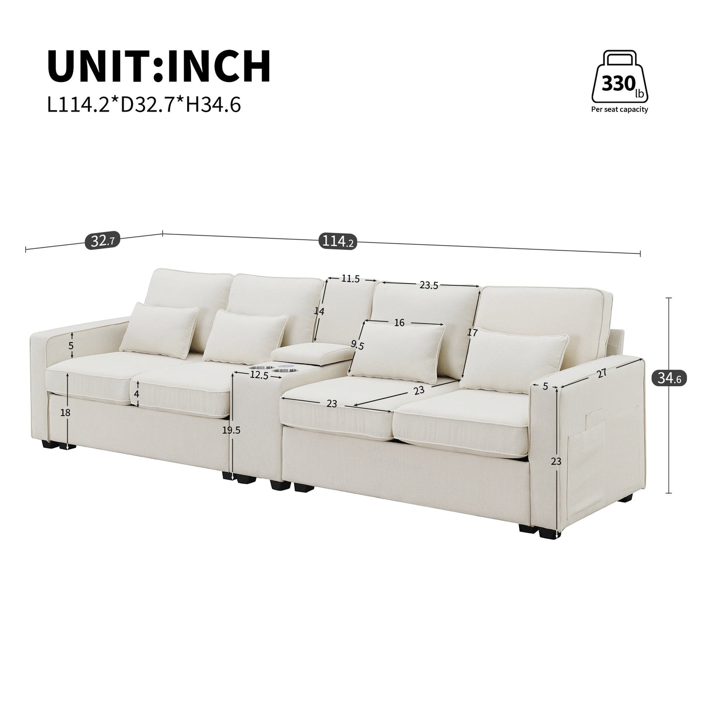 Upholstered Sofa With Console, 2 Cupholders And 2 Usb Ports Wired Or Wirelessly Charged, Linen Fabric Couches With 4 Pillows