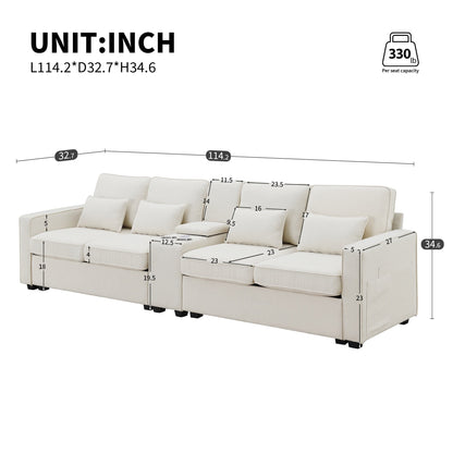 Upholstered Sofa With Console, 2 Cupholders And 2 Usb Ports Wired Or Wirelessly Charged, Linen Fabric Couches With 4 Pillows