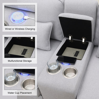 Upholstered Sofa With Console, 2 Cupholders And 2 Usb Ports Wired Or Wirelessly Charged, Linen Fabric Couches With 4 Pillows