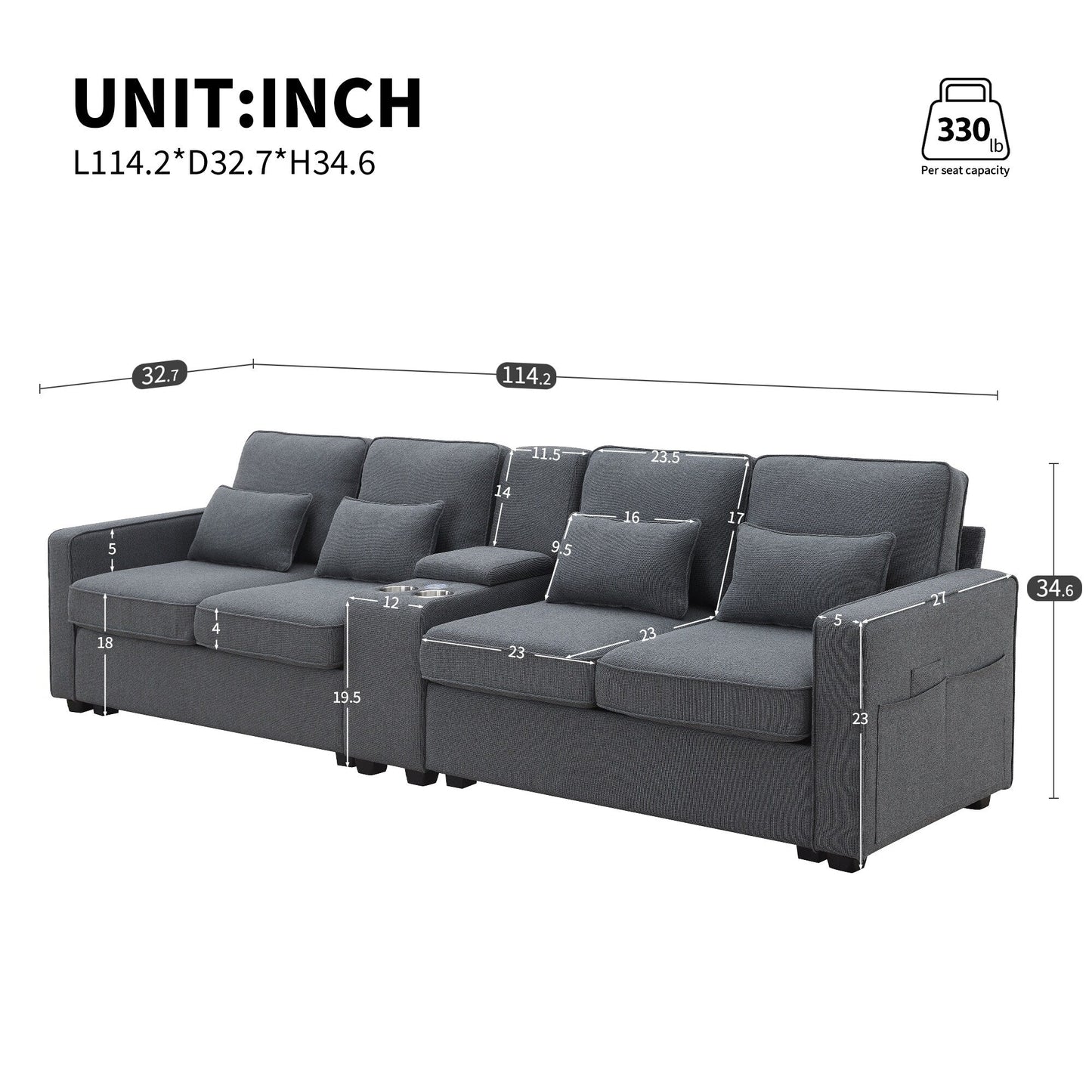 Upholstered Sofa With Console, 2 Cupholders And 2 Usb Ports Wired Or Wirelessly Charged, Linen Fabric Couches With 4 Pillows