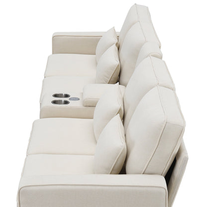 Upholstered Sofa With Console, 2 Cupholders And 2 Usb Ports Wired Or Wirelessly Charged, Linen Fabric Couches With 4 Pillows