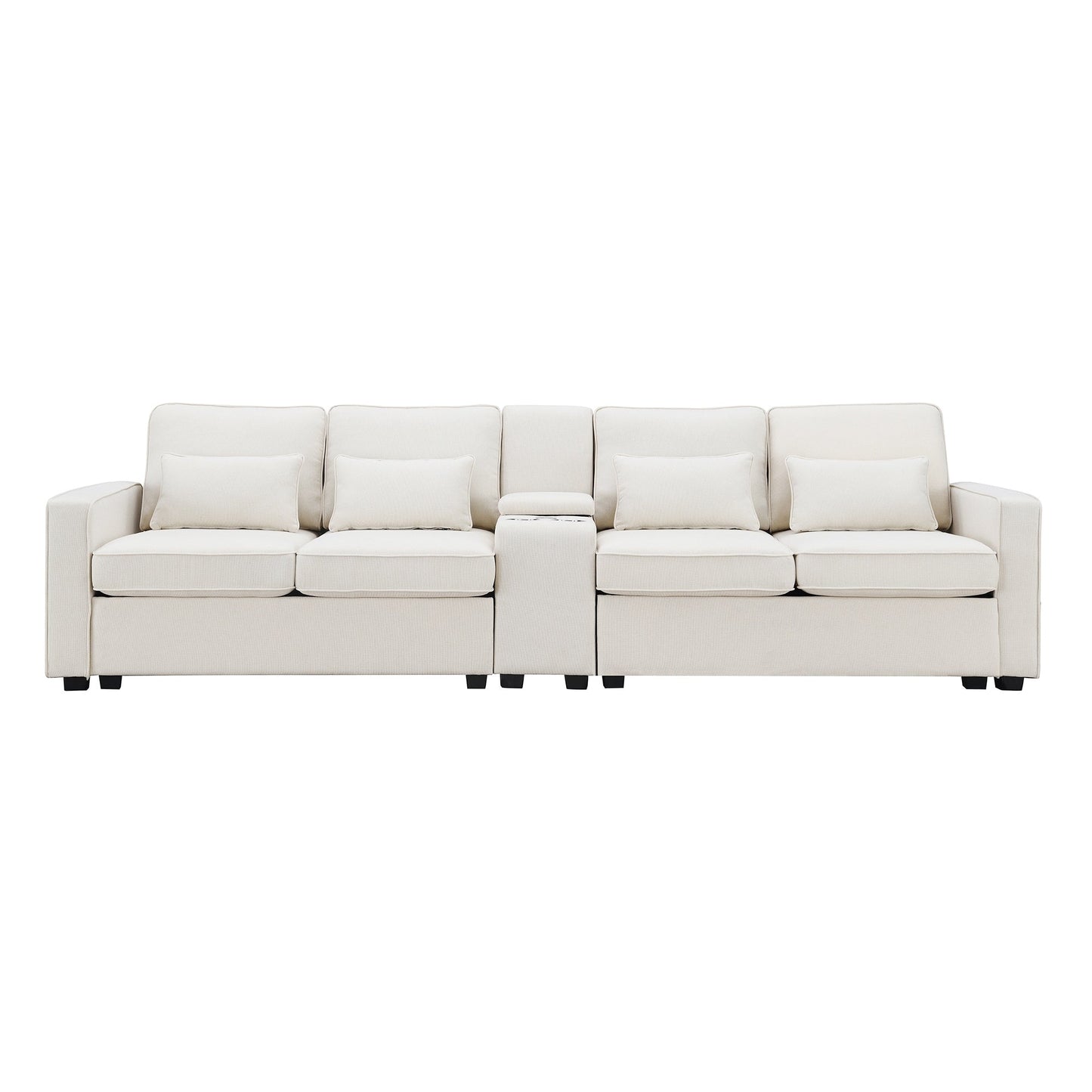 Upholstered Sofa With Console, 2 Cupholders And 2 Usb Ports Wired Or Wirelessly Charged, Linen Fabric Couches With 4 Pillows